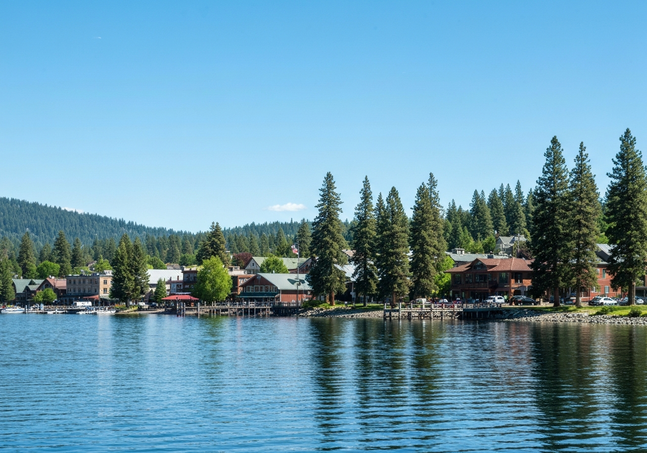 Scenic Flathead Lake shoreline town view in summer light