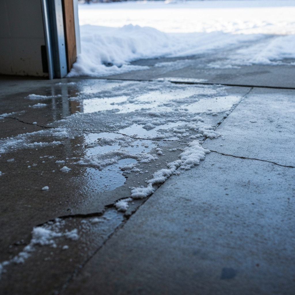 Worn bare concrete garage floor with visible pitting and salt staining