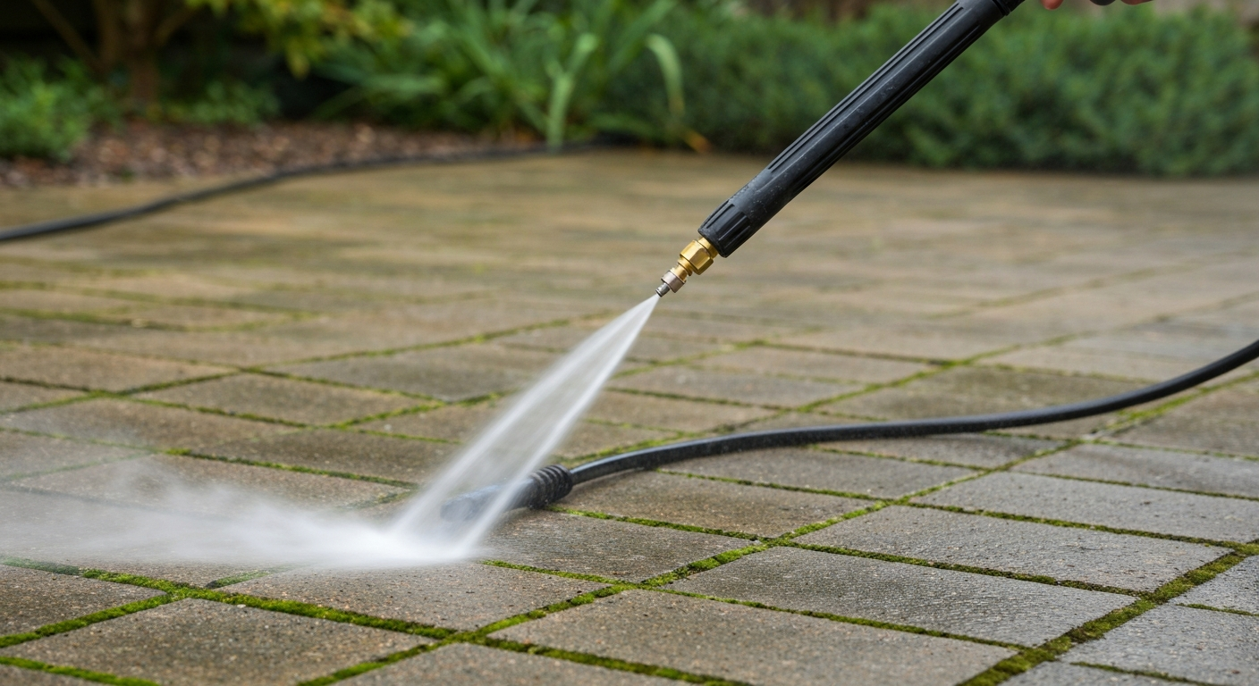Pressure washer cleaning weathered concrete pavers before sealing