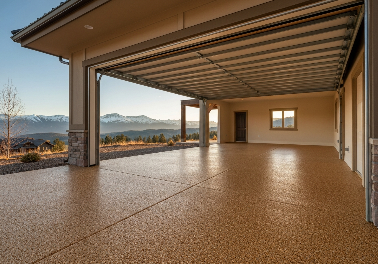Finished residential double garage with a warm tan flake-coated floor