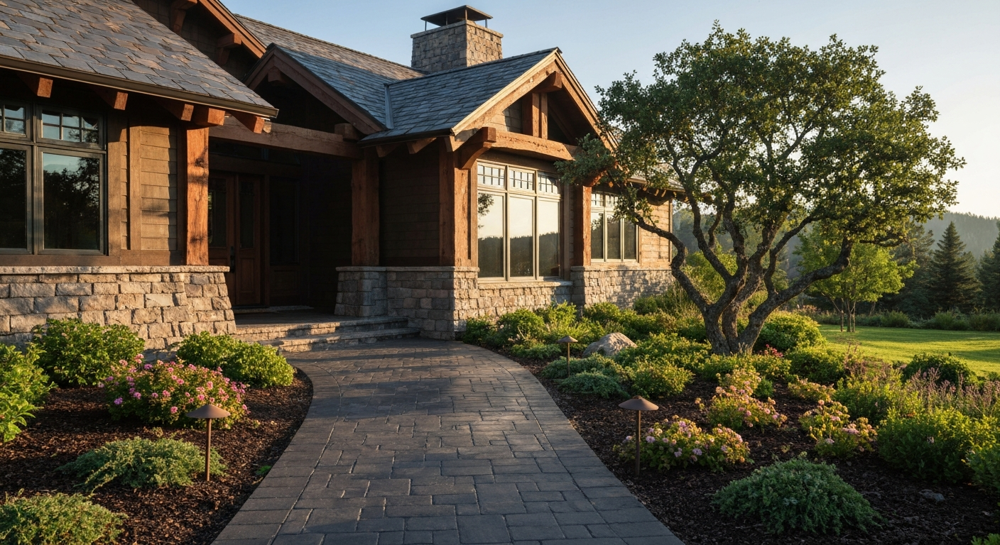Photorealistic sealed paver front walkway leading to a Montana craftsman home entry, landscaped edges, morning light