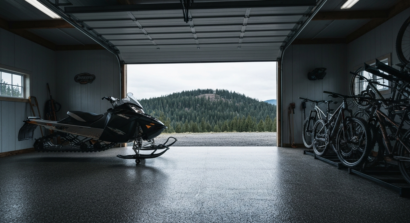 Columbia Falls gear garage with full-flake coated floor