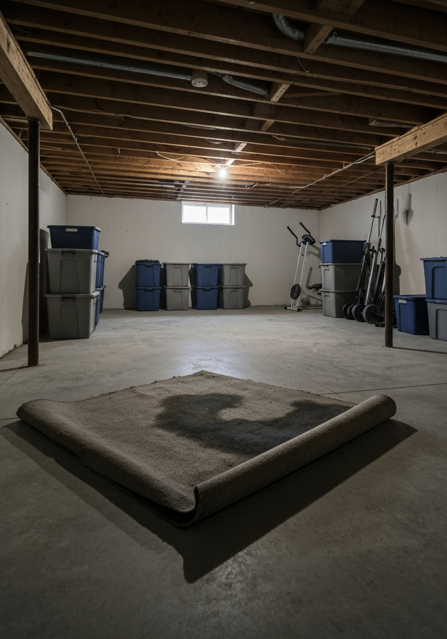 Unfinished basement with bare dusty gray concrete floor and dark staining