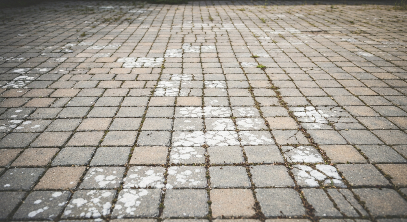 Weathered unsealed pavers losing joint sand with weeds in the joints