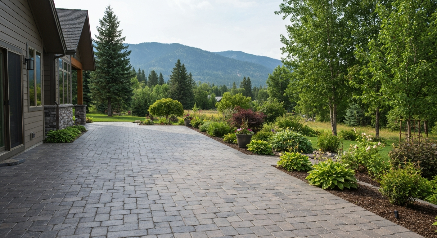 Finished sealed paver patio in a Northwest Montana backyard