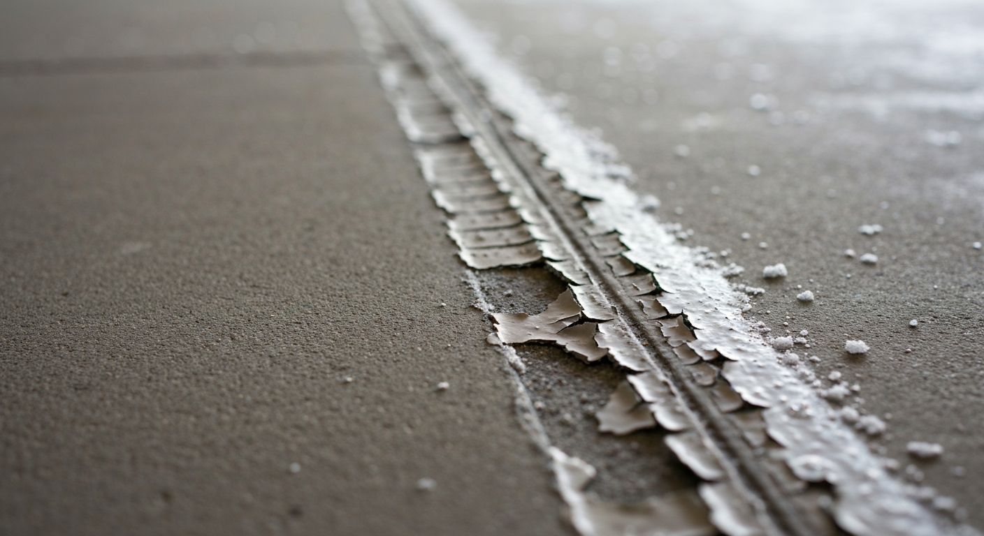 Close-up of garage floor paint peeling and flaking along a tire path on a gray slab, salt residue visible