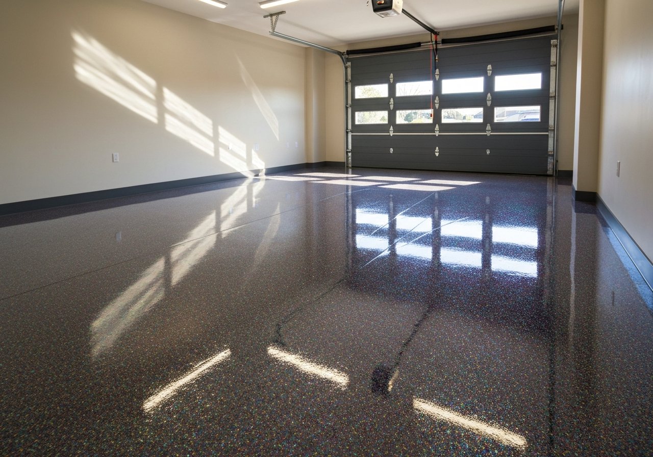 Residential garage interior with a glossy flake-coated floor