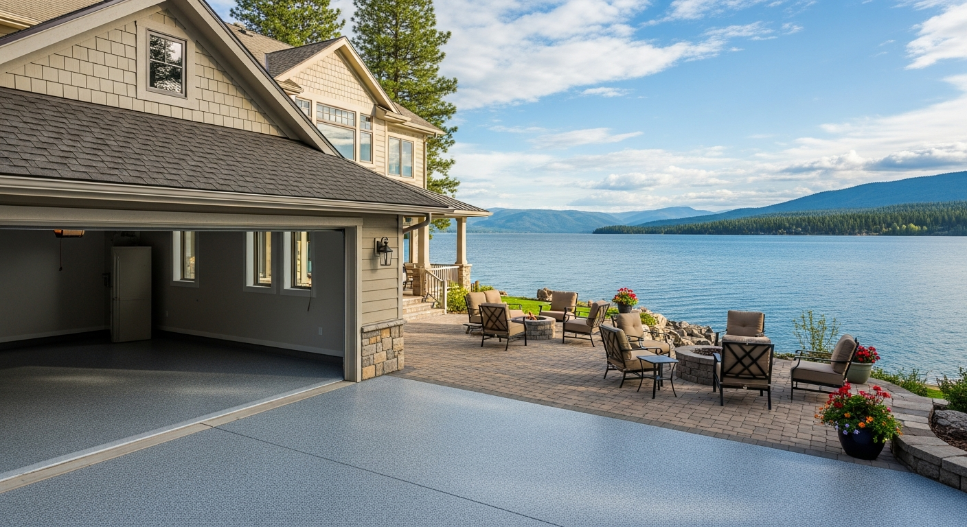Photorealistic lakefront Montana residential property with a lake-home garage and paver patio in the foreground, Flathead Lake visible in the background, freshly coated gray flake garage floor visible through the open door