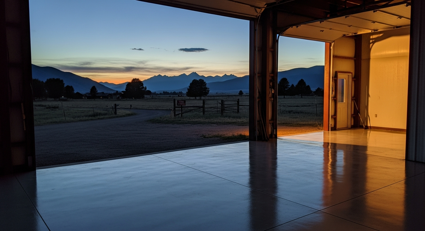 Dusk over a Montana rural property, warm garage light over a freshly coated shop floor, mountains in the distance
