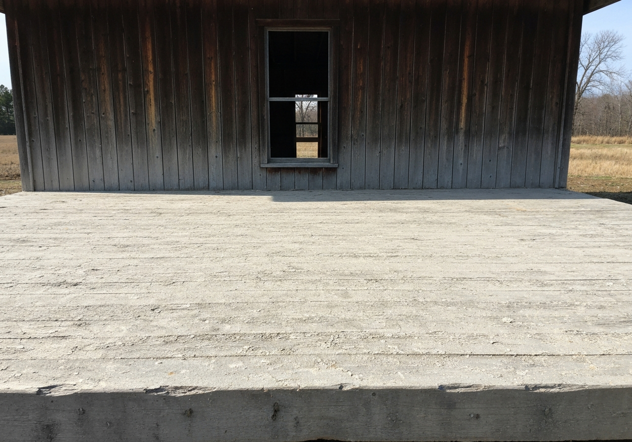 Older Marion cabin or pole-barn slab with dusting, surface scaling, and freeze-thaw wear visible