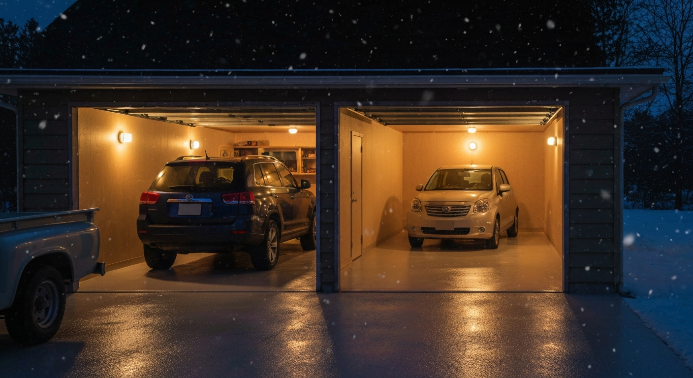 Evening two-car garage glowing warm with a freshly coated flake floor and a pickup parked half-in