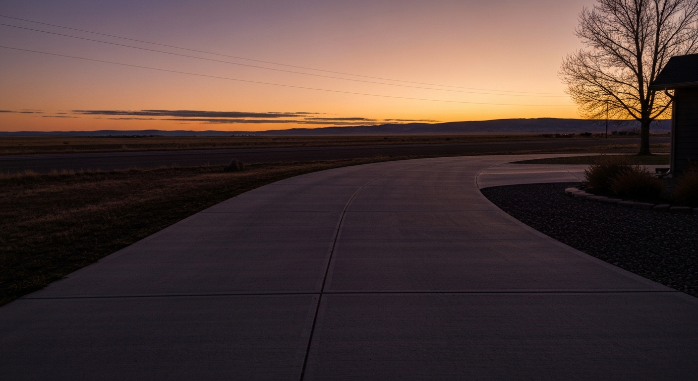 Winter preparation concrete driveway in Montana at dusk