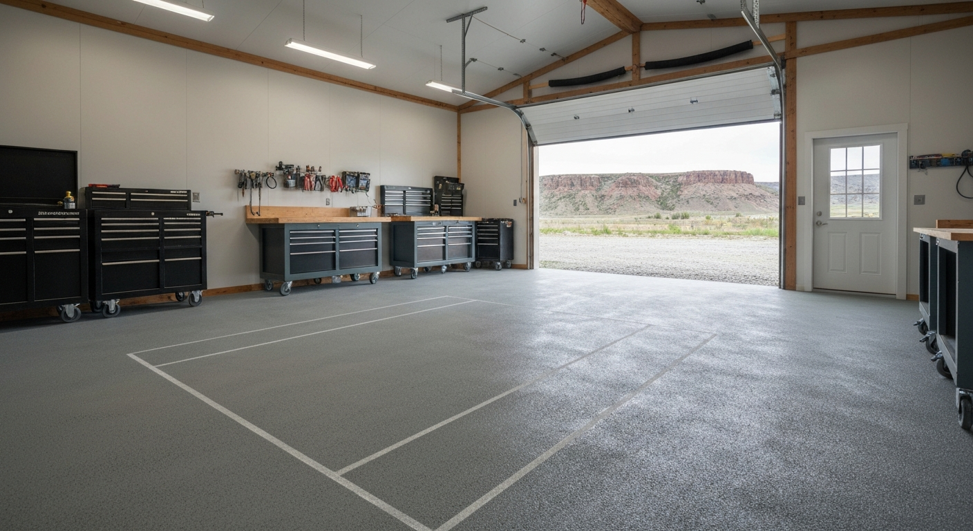 Photorealistic spacious detached shop interior with a freshly coated gray full-broadcast flake floor