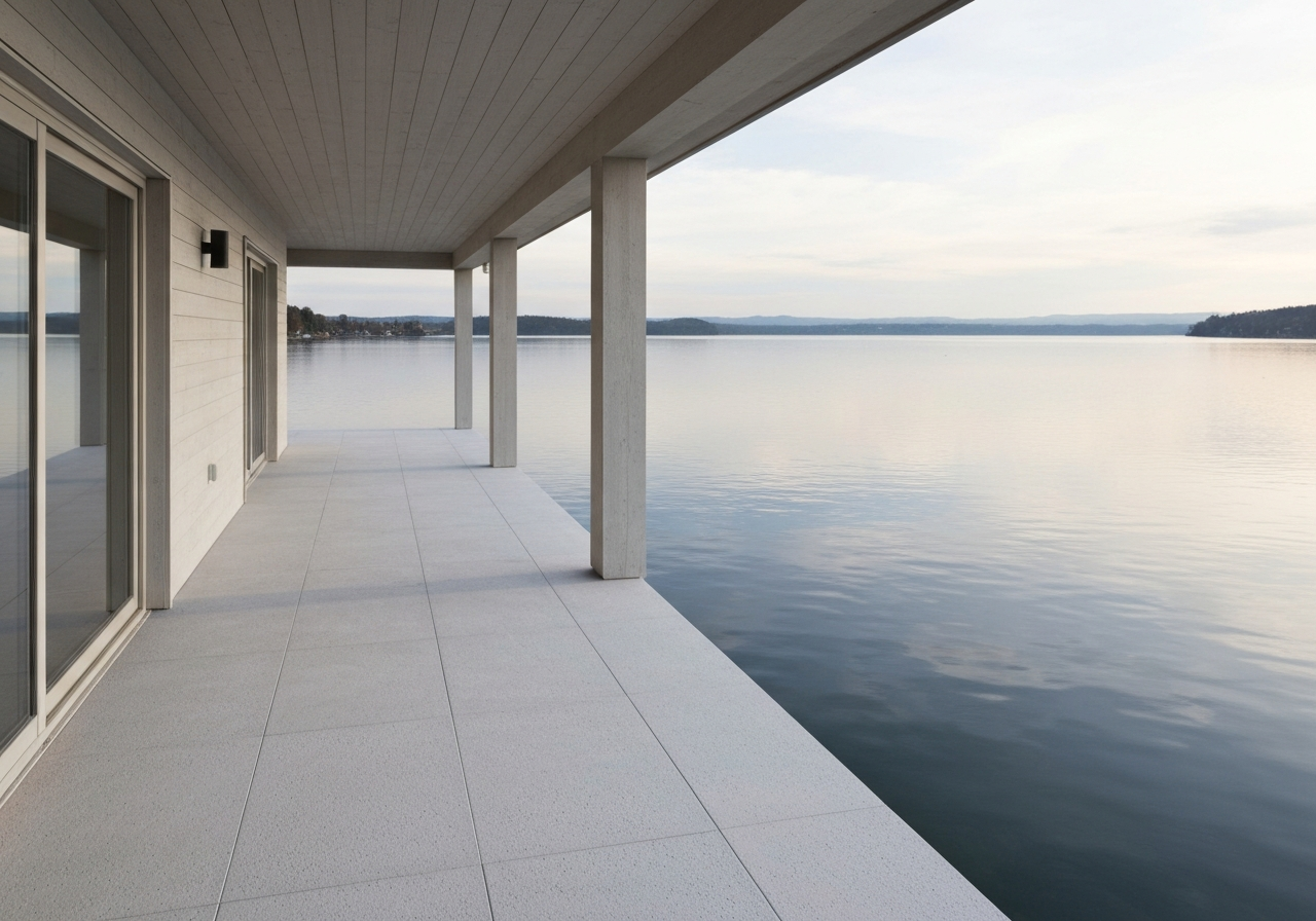 Coated lake-view concrete terrace