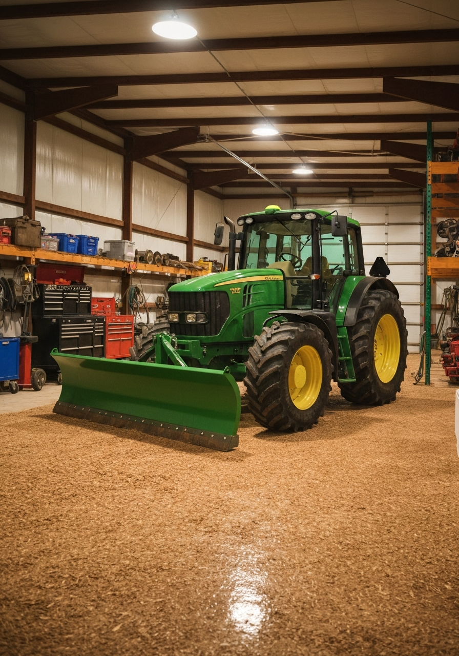 Tractor and snow plow attachment parked inside a coated pole barn on a tan flake floor