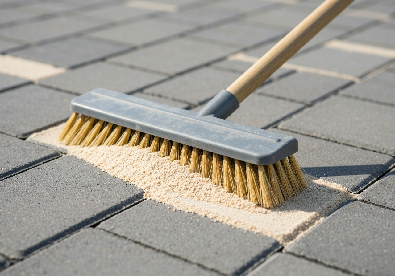 Close-up of polymeric sand being swept into clean paver joints with a push broom, joint lines crisp