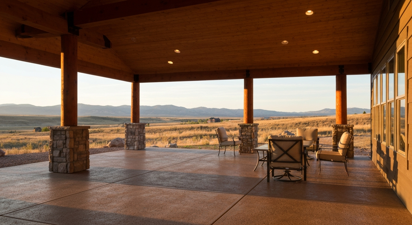 Covered Montana patio at golden hour with a tan flake-coated concrete floor