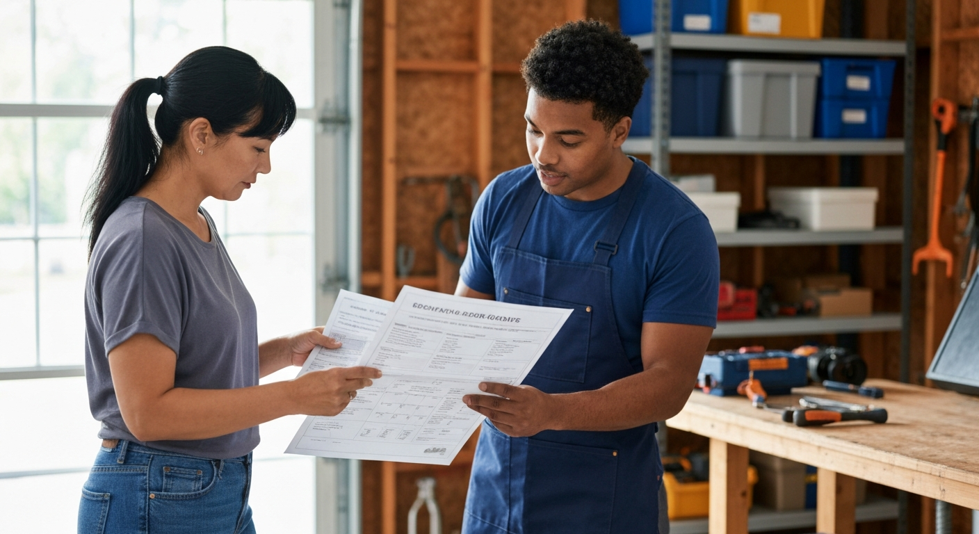 Homeowner reviewing a written quote with a technician at a garage