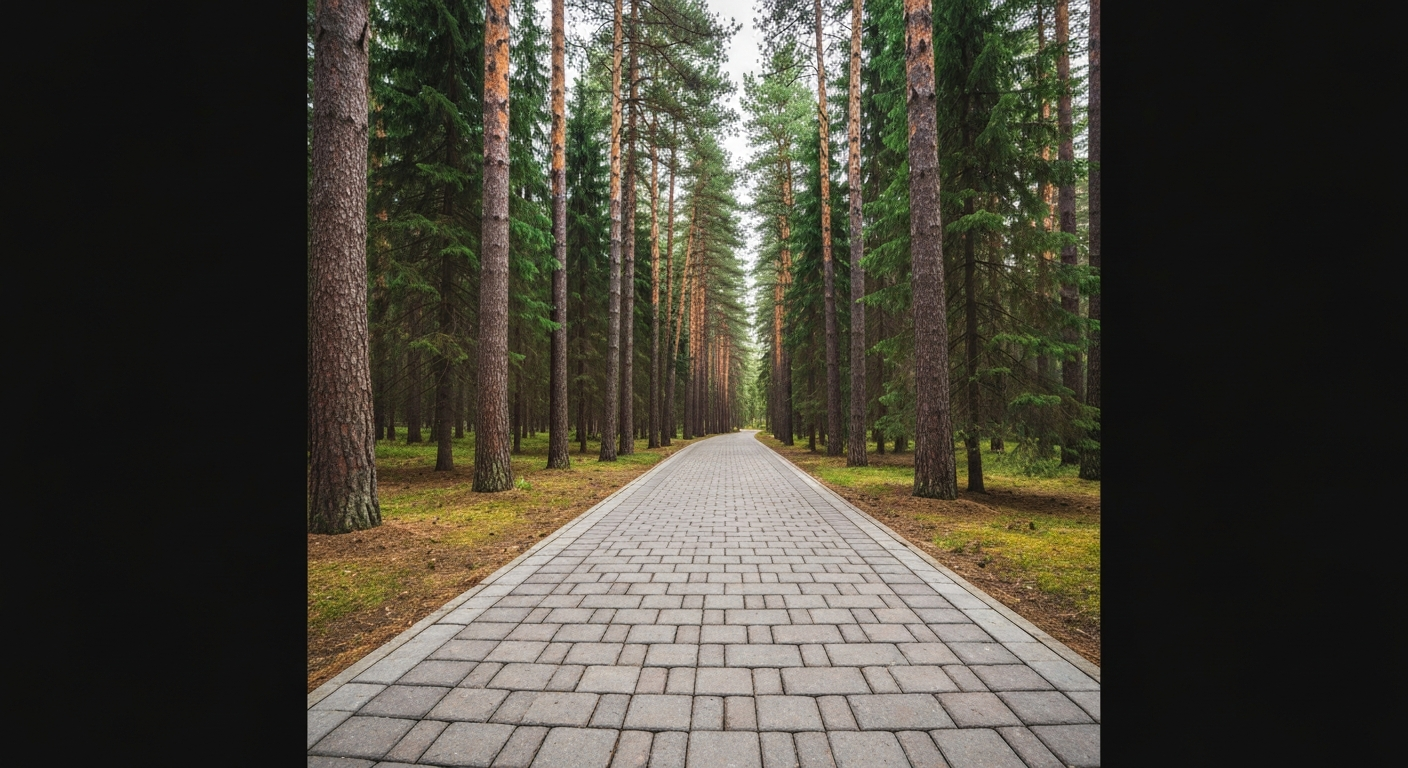 Paver walkway through pines