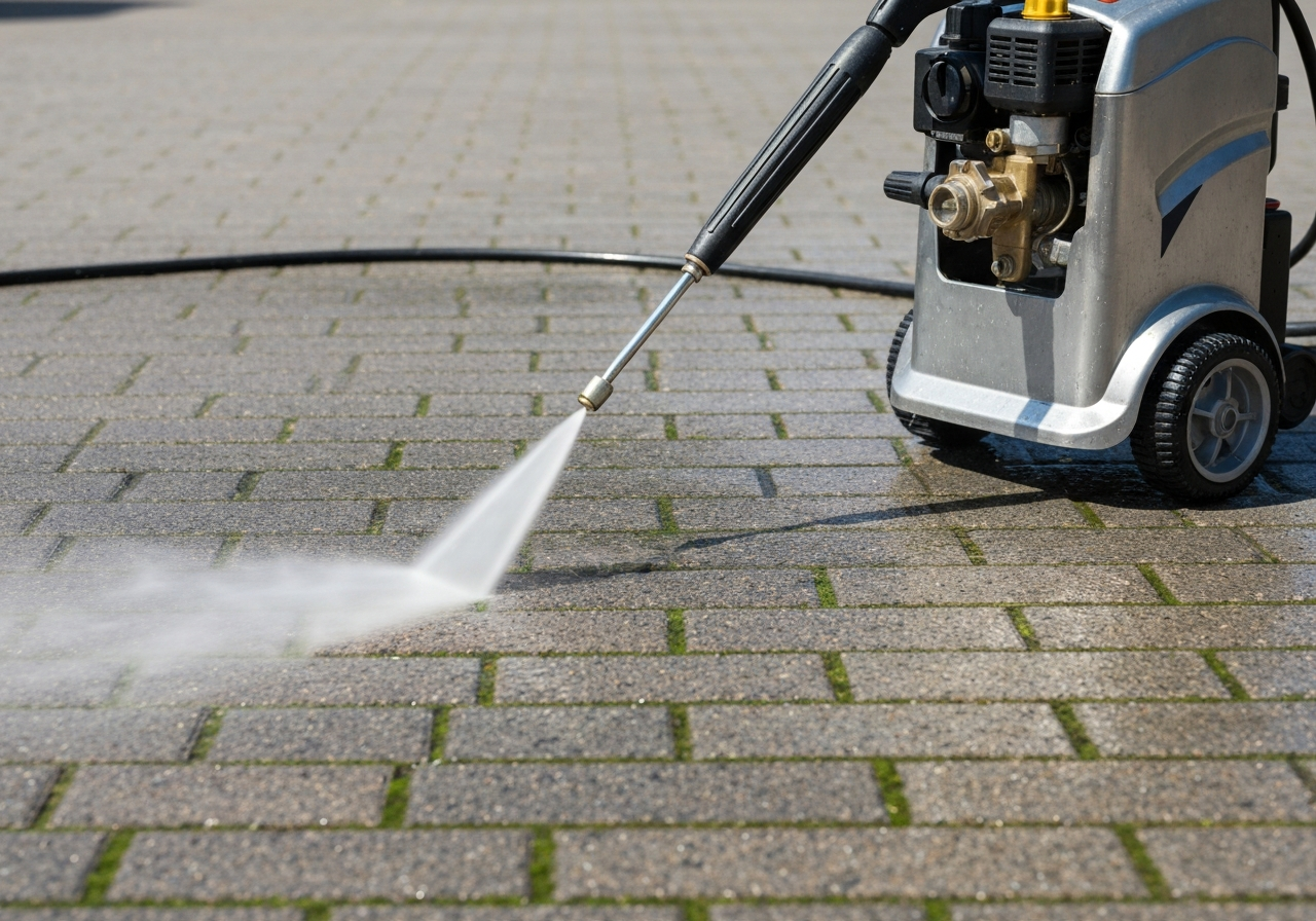 Pressure washer lifting grime off pavers