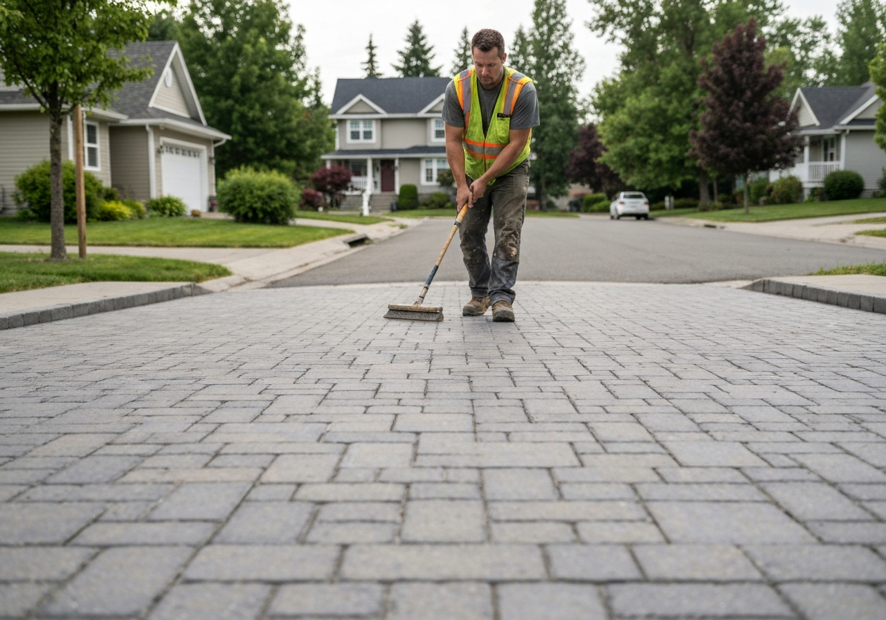 Technician applying sealer to a paver driveway, Kalispell residential street