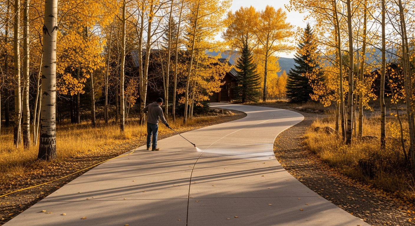 A clean concrete driveway being sealed in autumn before winter, dry surface with fall light, Montana