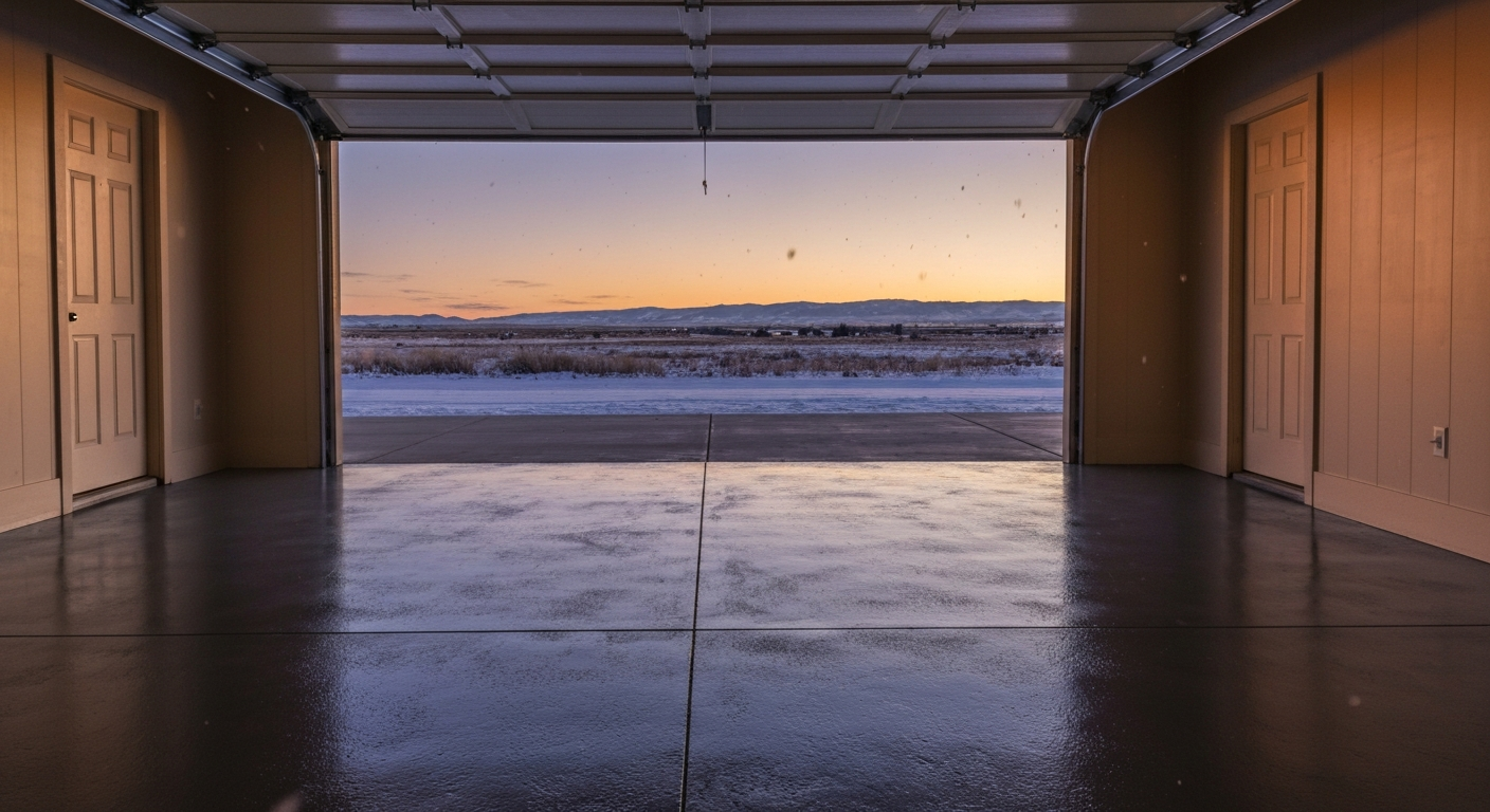 Freshly restored and coated garage floor glowing under warm evening light, garage door open to a snowy Montana dusk
