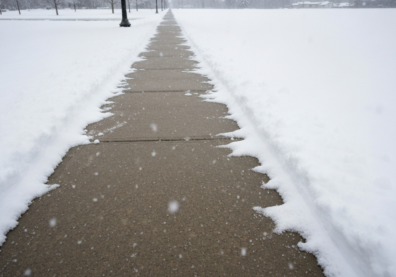 Sealed concrete walkway in winter with snow around it