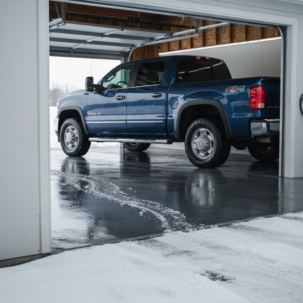 Coated garage floor shedding snowmelt and salt brine in a Montana winter