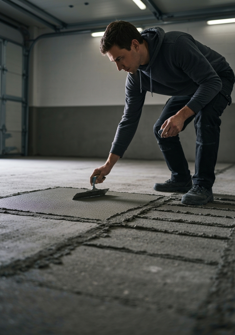 Technician in plain dark workwear troweling gray repair mortar into pitted areas of a ground concrete garage slab