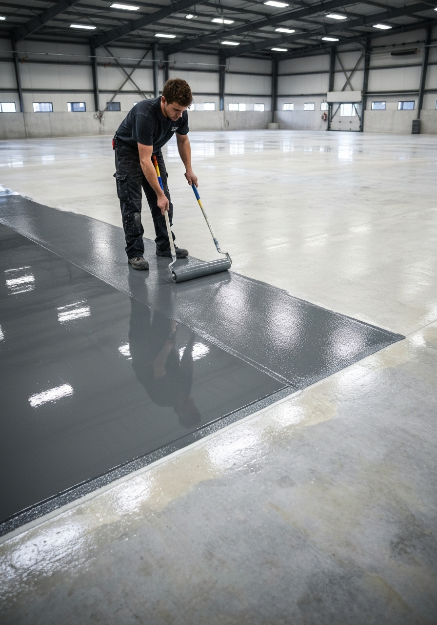 Technician in plain dark workwear rolling a high-build gray epoxy base coat across a large open shop slab