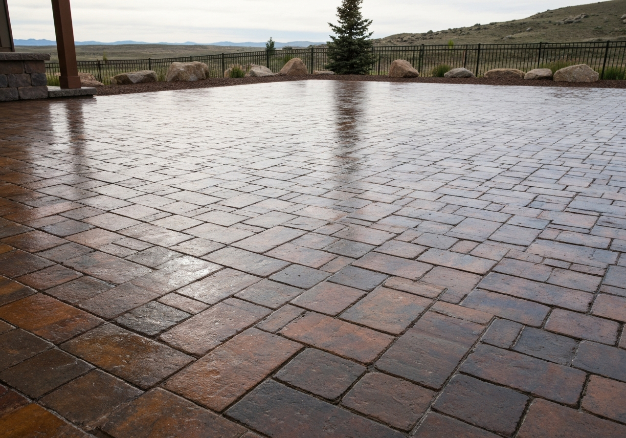 Richly colored paver patio with a just-sealed wet-look section