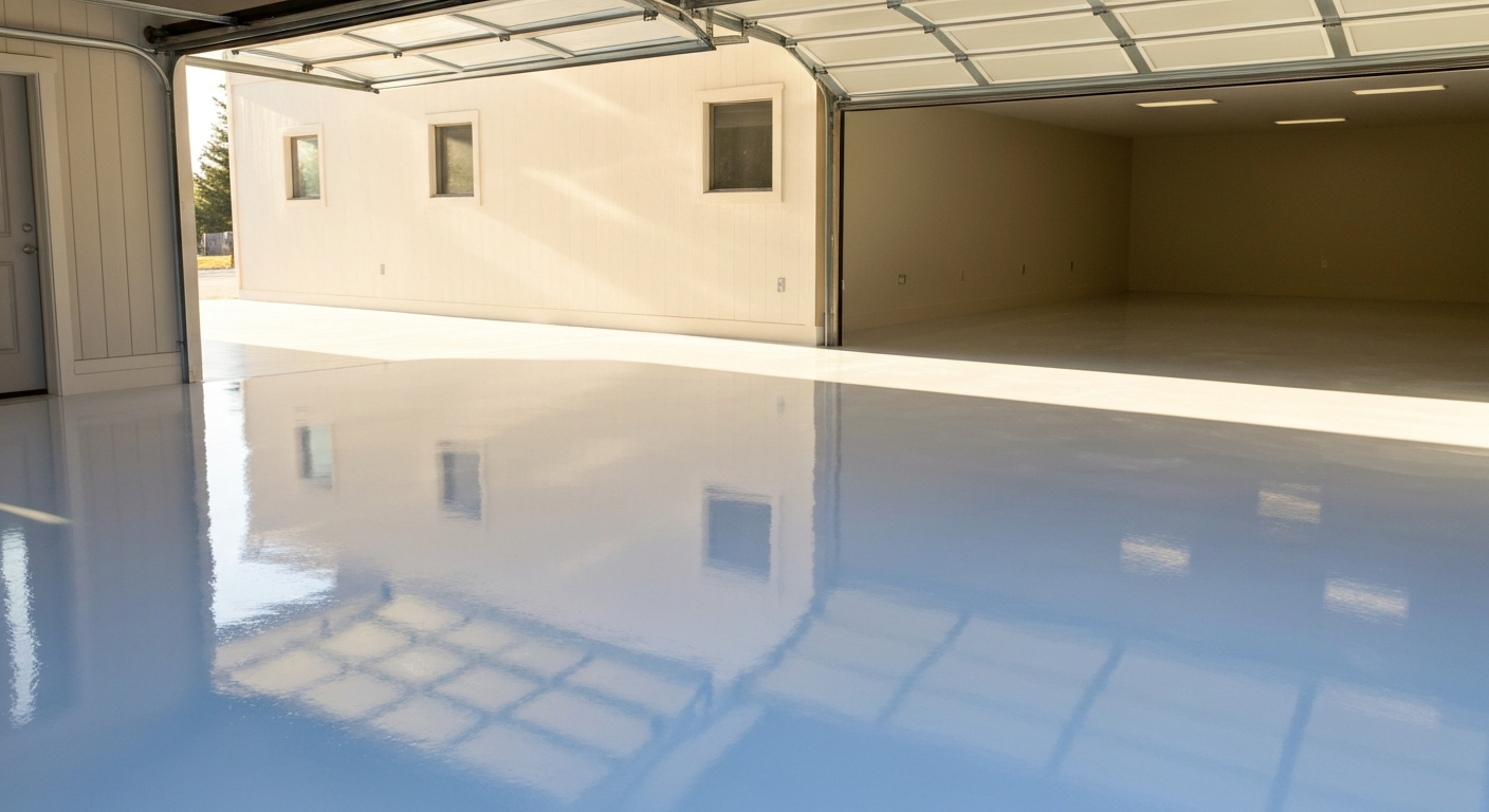 sunlit open garage with a crystal-clear glossy flake floor showing zero yellowing, mountain morning light angling across it