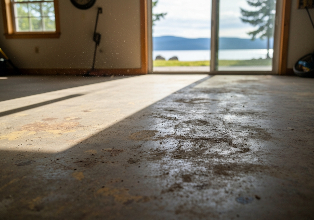 Stained or dusty garage floor near a Flathead Lake property