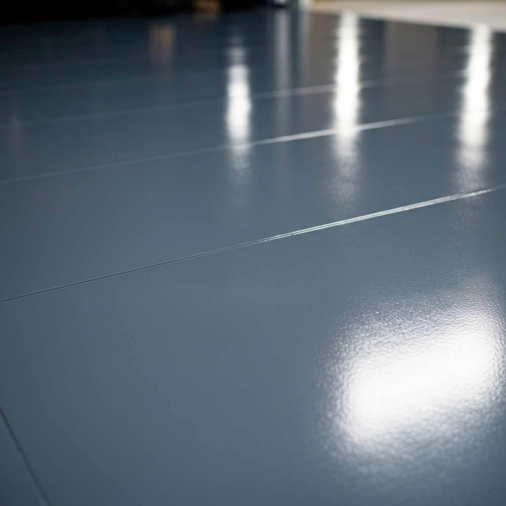Glossy solid-color slate-gray polyaspartic-coated garage floor