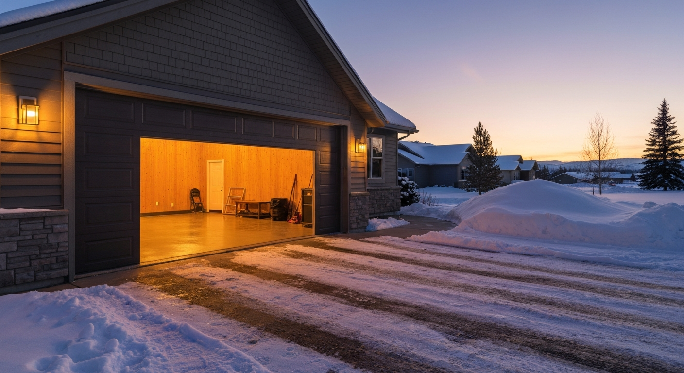 Dusk view of a Montana home, warm light spilling from the open garage across a glossy coated floor onto a snow-dusted driveway