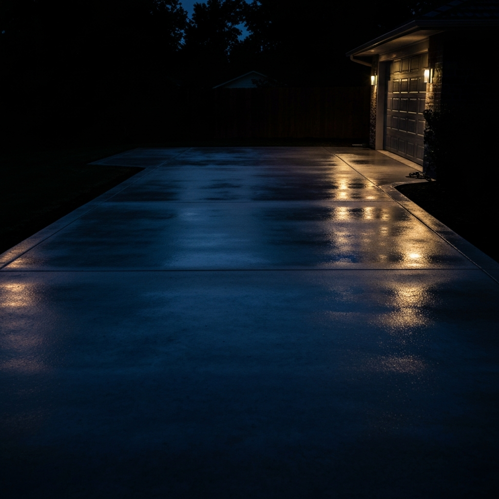 Freshly restored concrete driveway, under dark navy overlay.