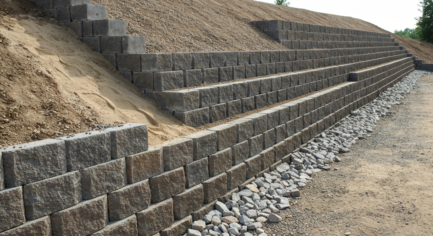 Tiered block retaining wall holding a graded slope with drainage stone