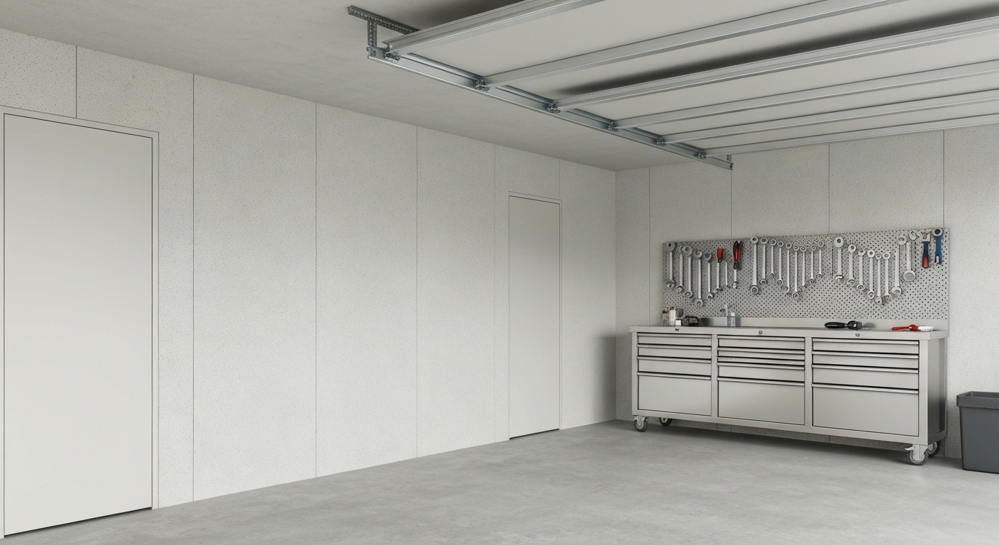 Coated flake garage with tool bench