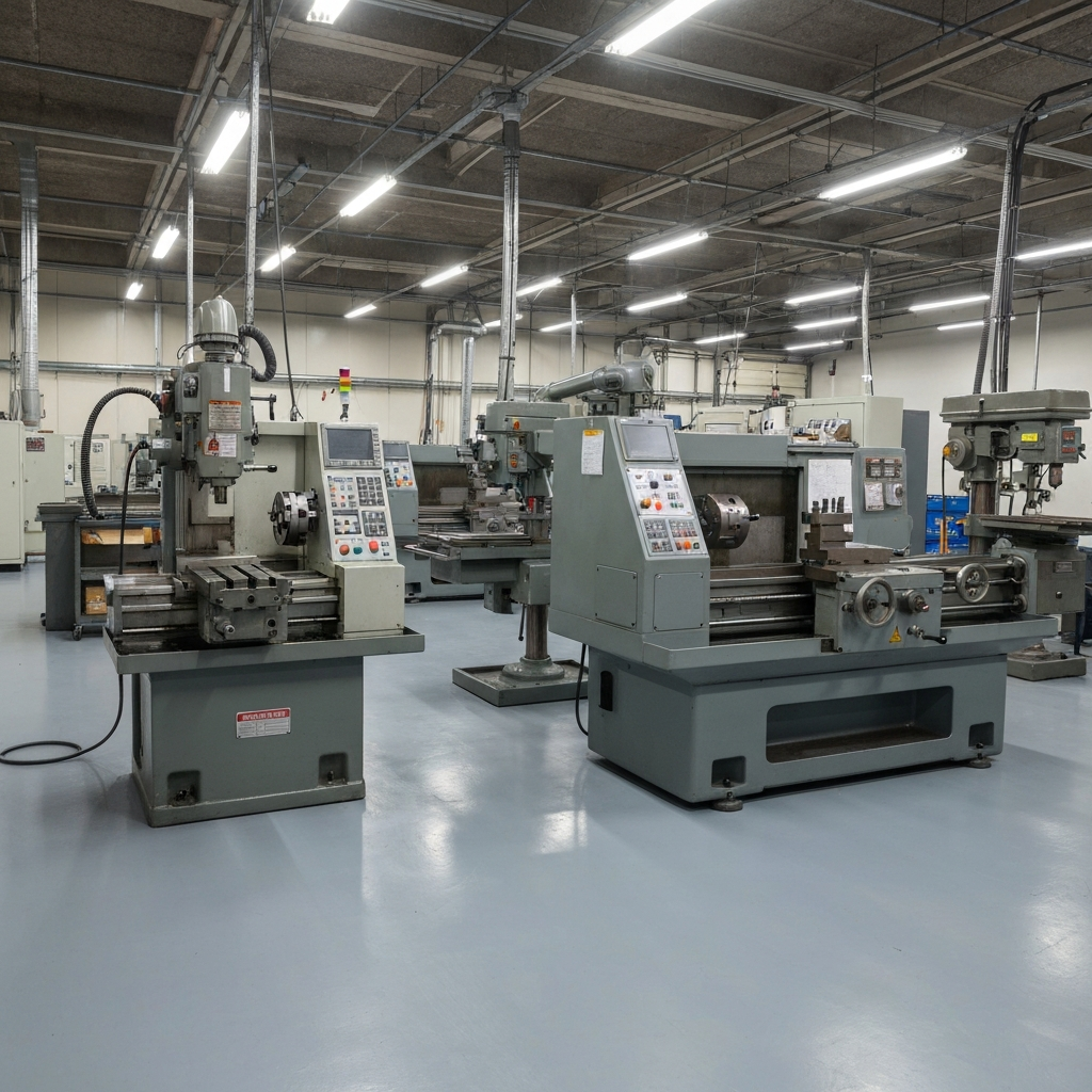 Machine shop floor with equipment and coated gray surface