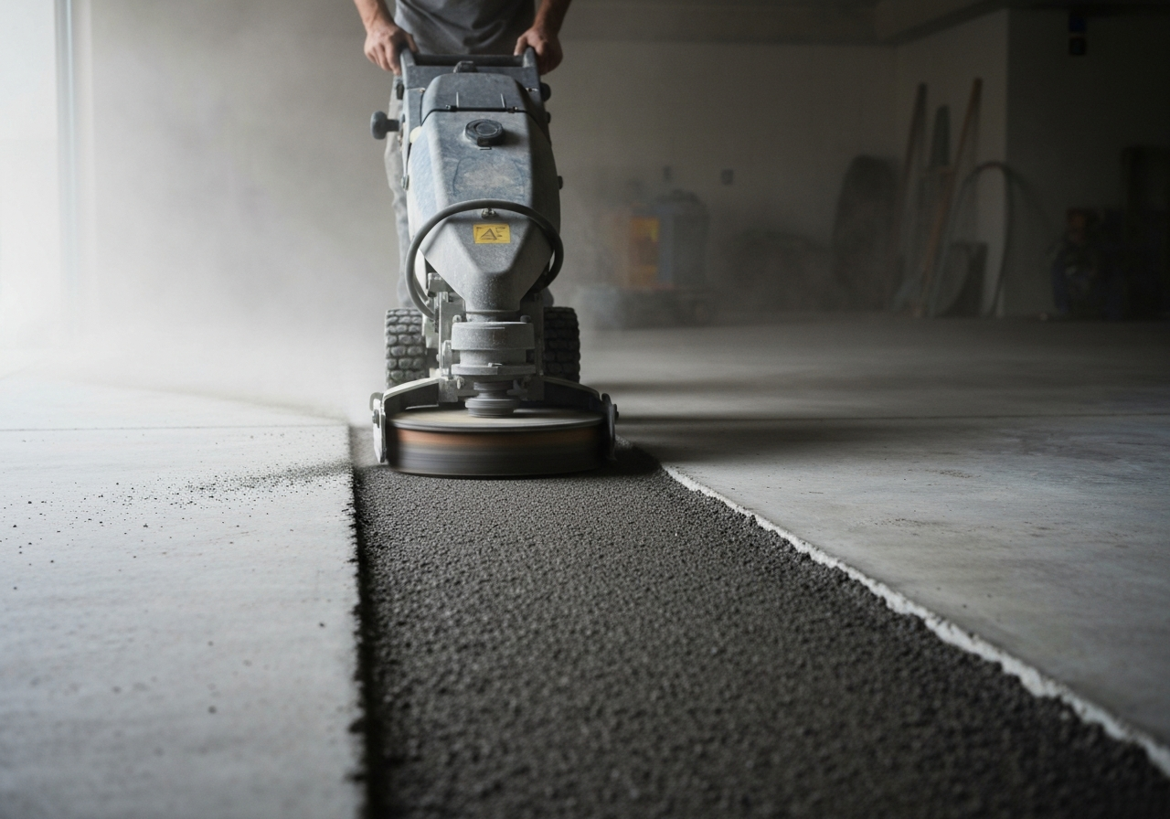 Industrial floor grinder mid-pass on a garage slab with fresh ground swath and dust shroud