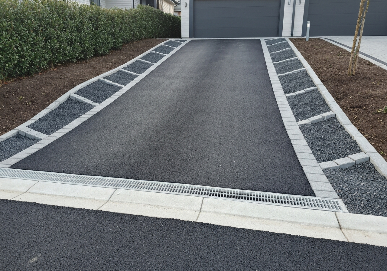 Finish-graded driveway approach with clean drainage shaping