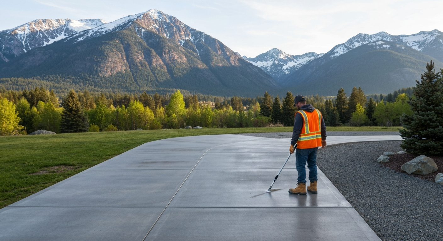 Professional applying penetrating sealer to a residential concrete driveway in a Northwest Montana setting