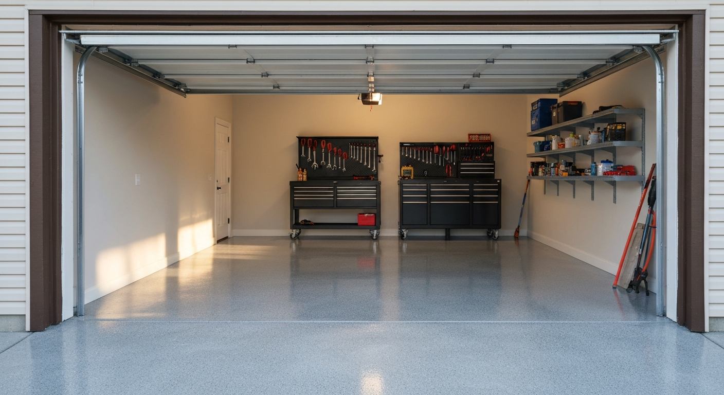 Photorealistic freshly coated two-car garage floor in gray full-broadcast flake
