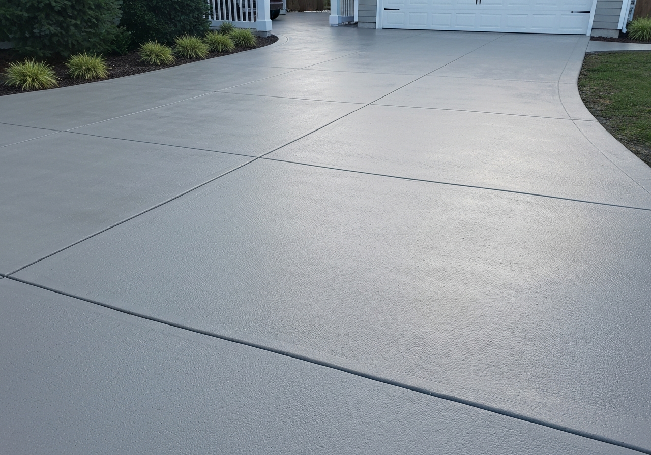 Freshly sealed concrete driveway with an even, low-sheen protective finish