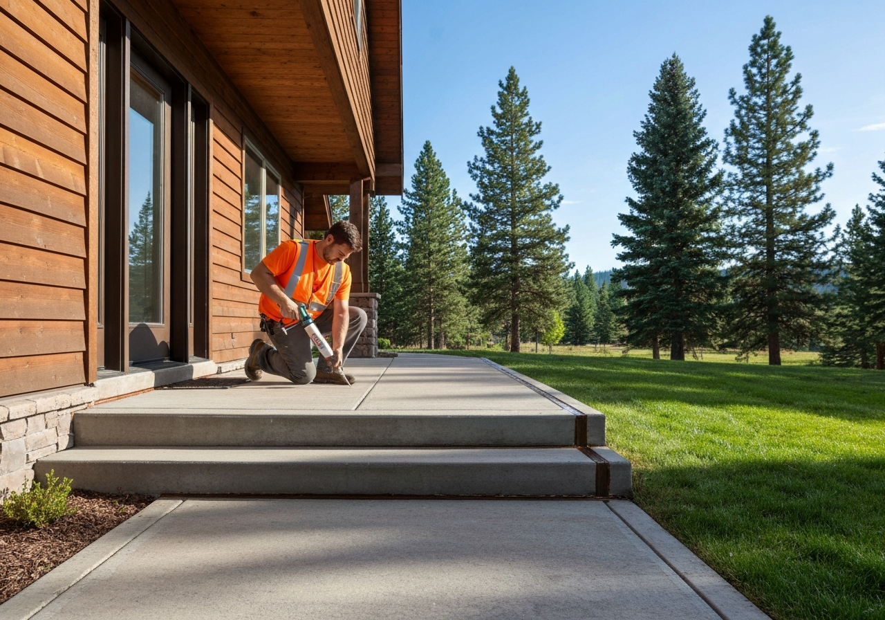 Technician sealing an entry walkway of a Whitefish home