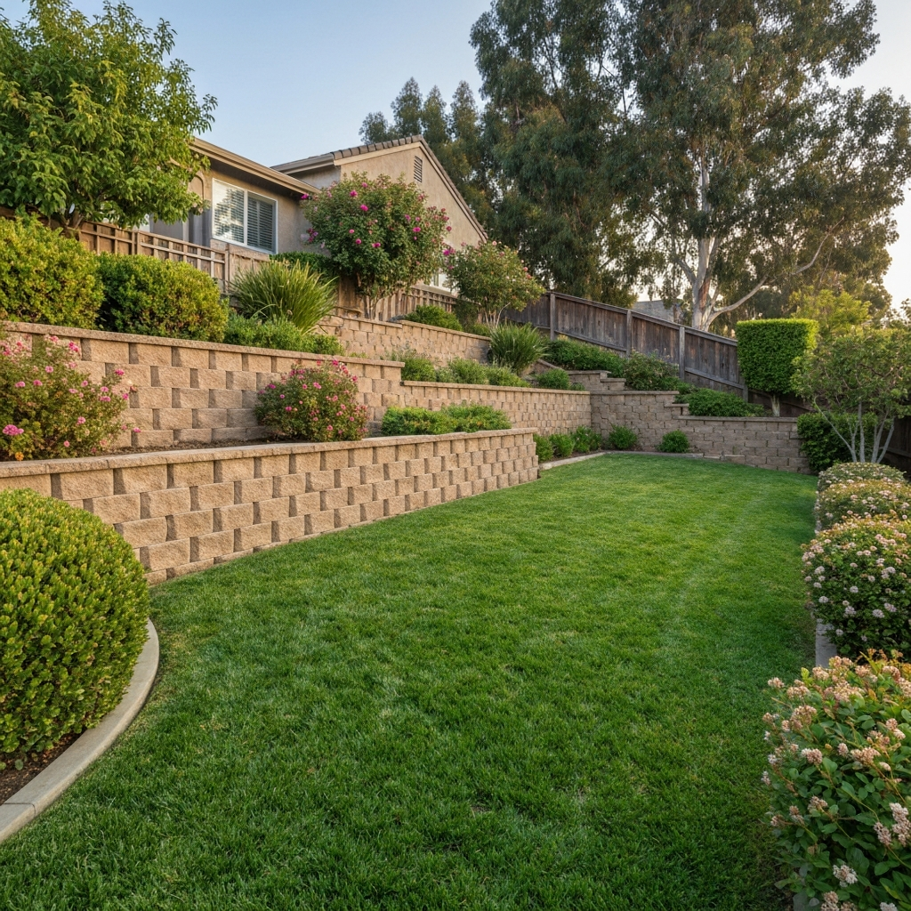 Tidy Mission Valley property yard with retaining wall