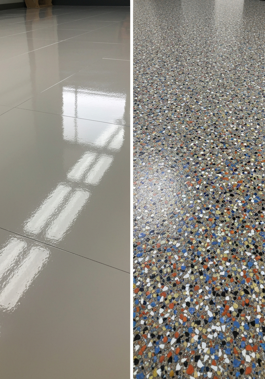 Split side-by-side — high-gloss clear polyaspartic floor (left) vs matte flake epoxy floor (right)
