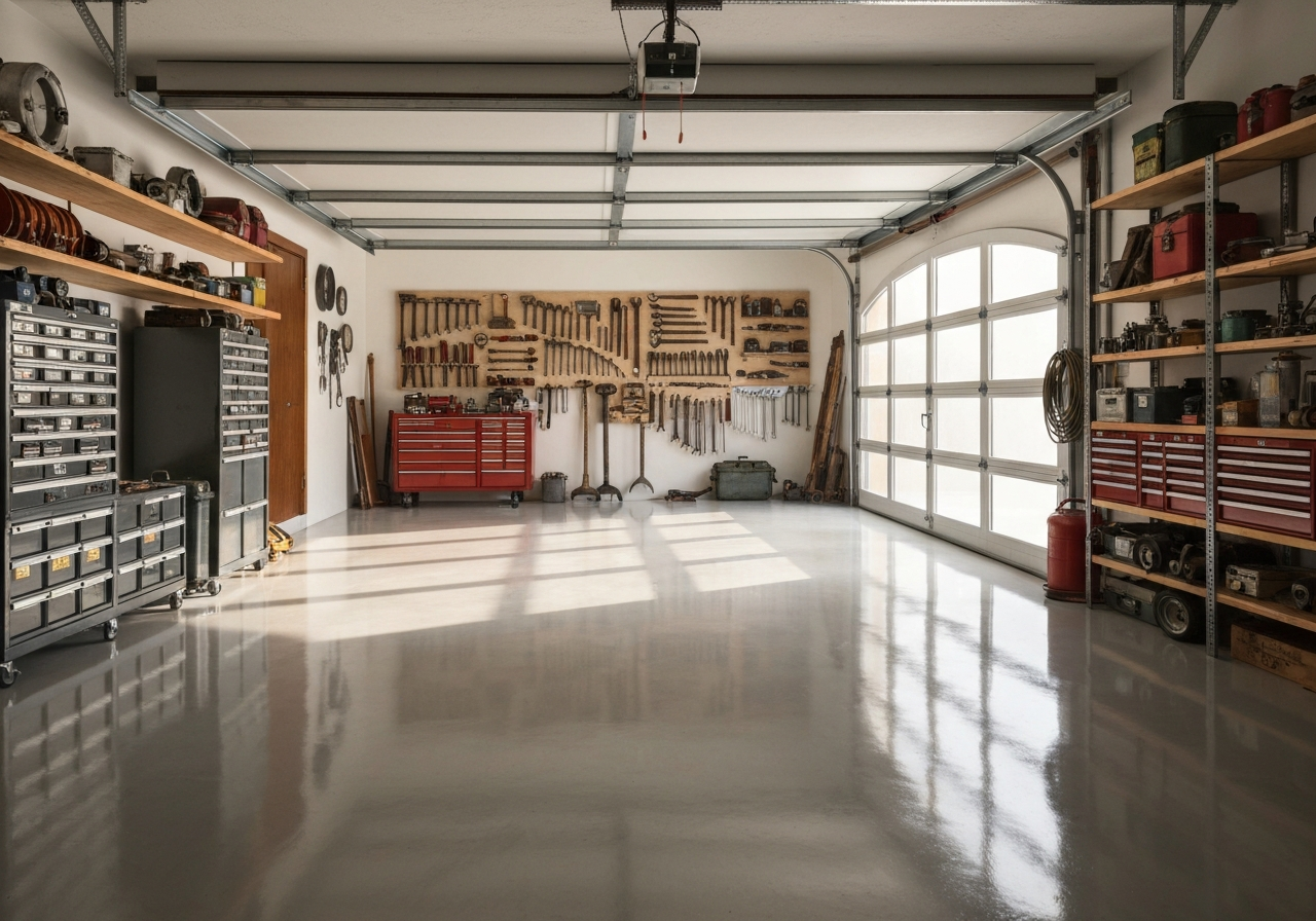 Coated garage floor with boat trailer and lake gear stored inside