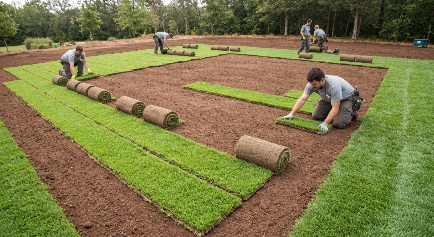 Landscaping crew laying fresh sod rolls on a prepared lawn, soil prep, grading